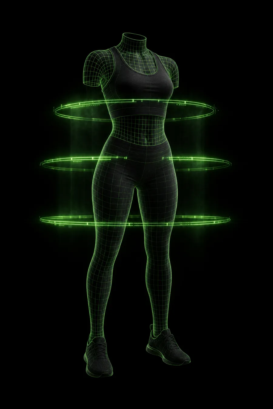 Un maniquí de cuerpo entero reconstruido como una malla de polígonos verdes, rodeado de aros de medición luminosos a la altura del pecho, la cintura y la cadera.