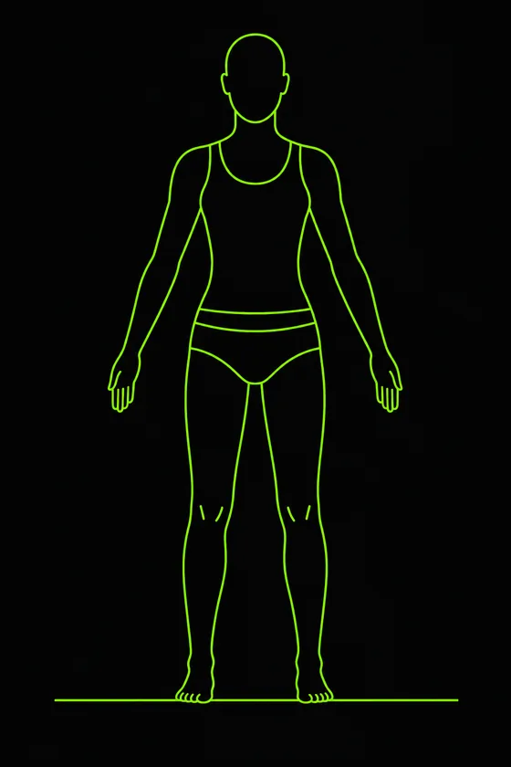 Diagrama: figura de frente, erguida, pies a la anchura de las caderas y brazos ligeramente separados del cuerpo.