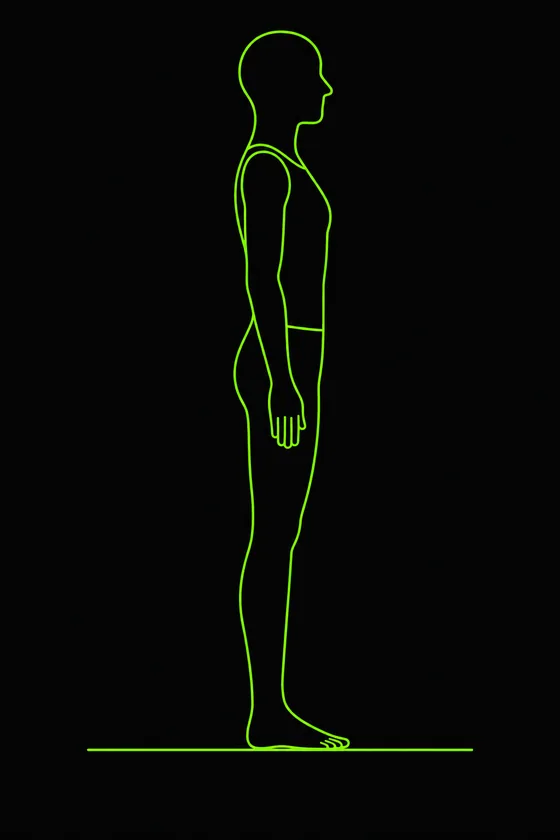 Diagrama: la misma figura vista de perfil, con las piernas juntas y los brazos pegados a los costados.