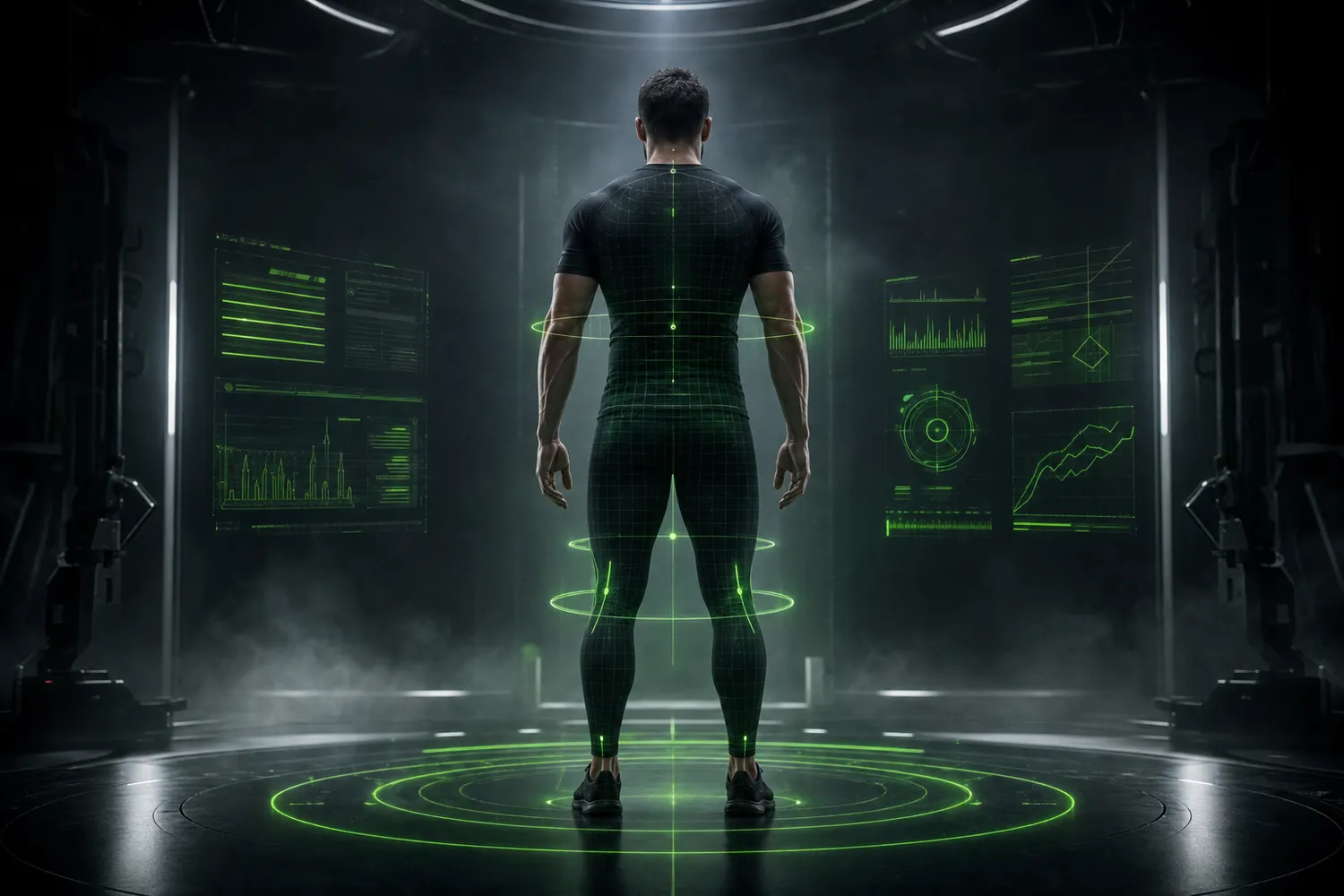 Un hombre de espaldas en una sala oscura con una interfaz holográfica de medición proyectada sobre su cuerpo y paneles de datos flotantes a los lados.